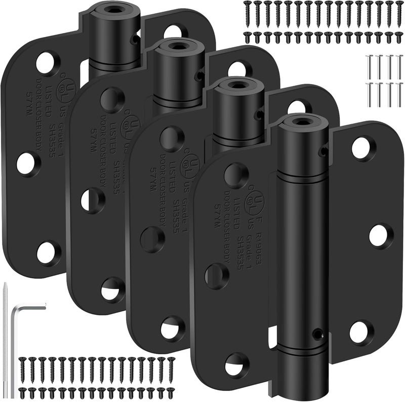 IOQ 3.5 Inch Self Closing Door Hinges, 5/8" Radius Corners Spring Loaded Hinges for Interior Door, Bedroom, Pantry Door, UL Listed, for Left and Right Hand Door, Matte Black, 4 Pack - Image 1